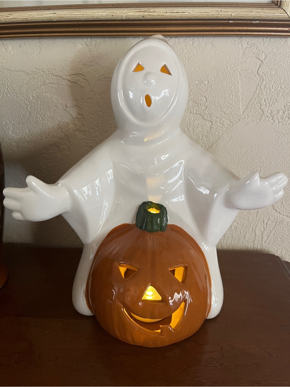 Vintage 1980s Ceramic Halloween Ghost and Pumpkin Figurine Tea Light Votive